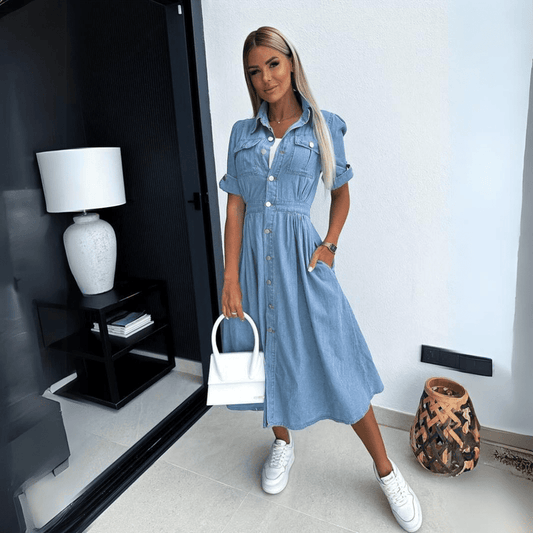 Stylish Denim Midi Dress with Button Closure for Women