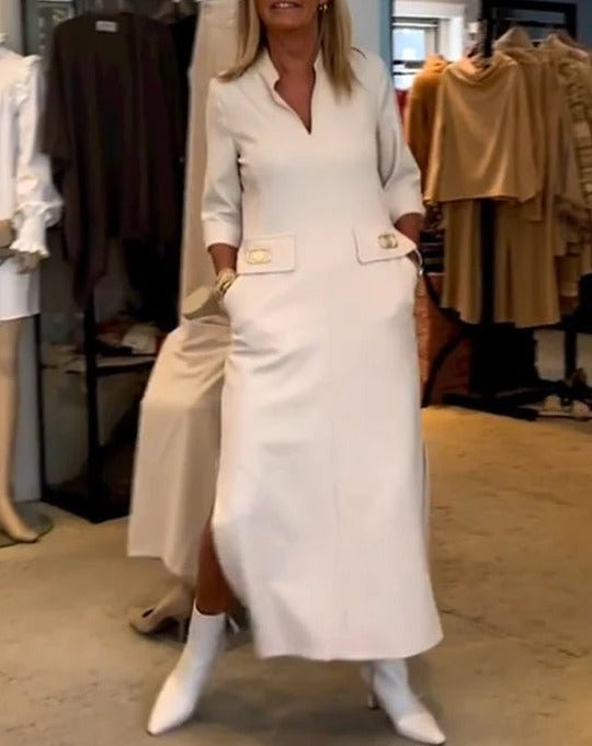 Elegant Midi Dress with Slit – Minimalist and Feminine Design