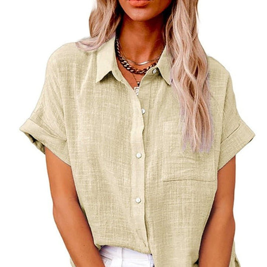 Linen Women's Blouse with Short Sleeves and Button Closure