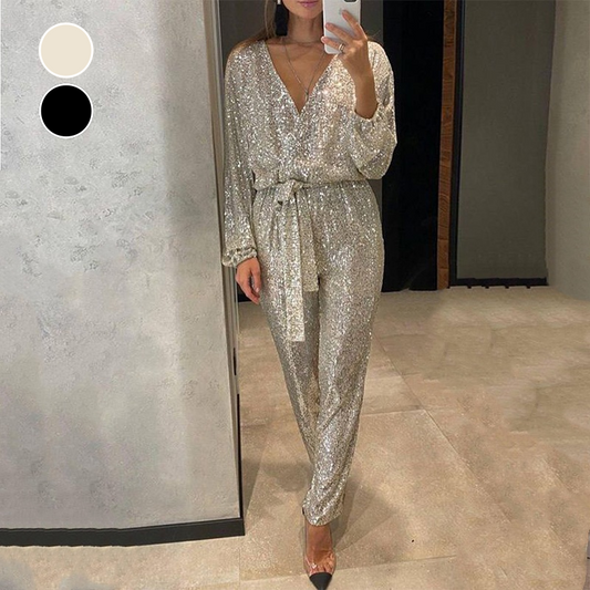 Glam Glitter Jumpsuit with Waist Belt 
