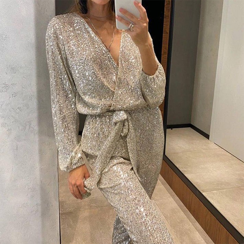 Glam Glitter Jumpsuit with Waist Belt 
