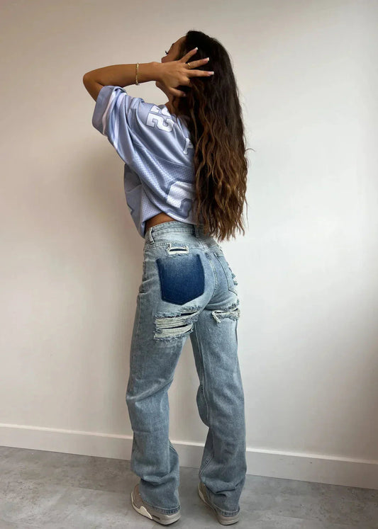 Vintage Straight Jeans with Painted Ripped Details for Women